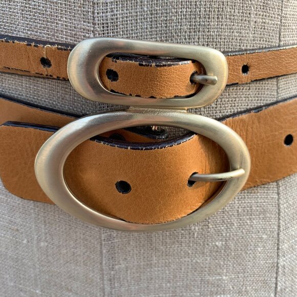 Brave Vintage 90s Y2K Tan Leather Gold Buckle Double Wide Skinny Belt - Picture 2 of 14